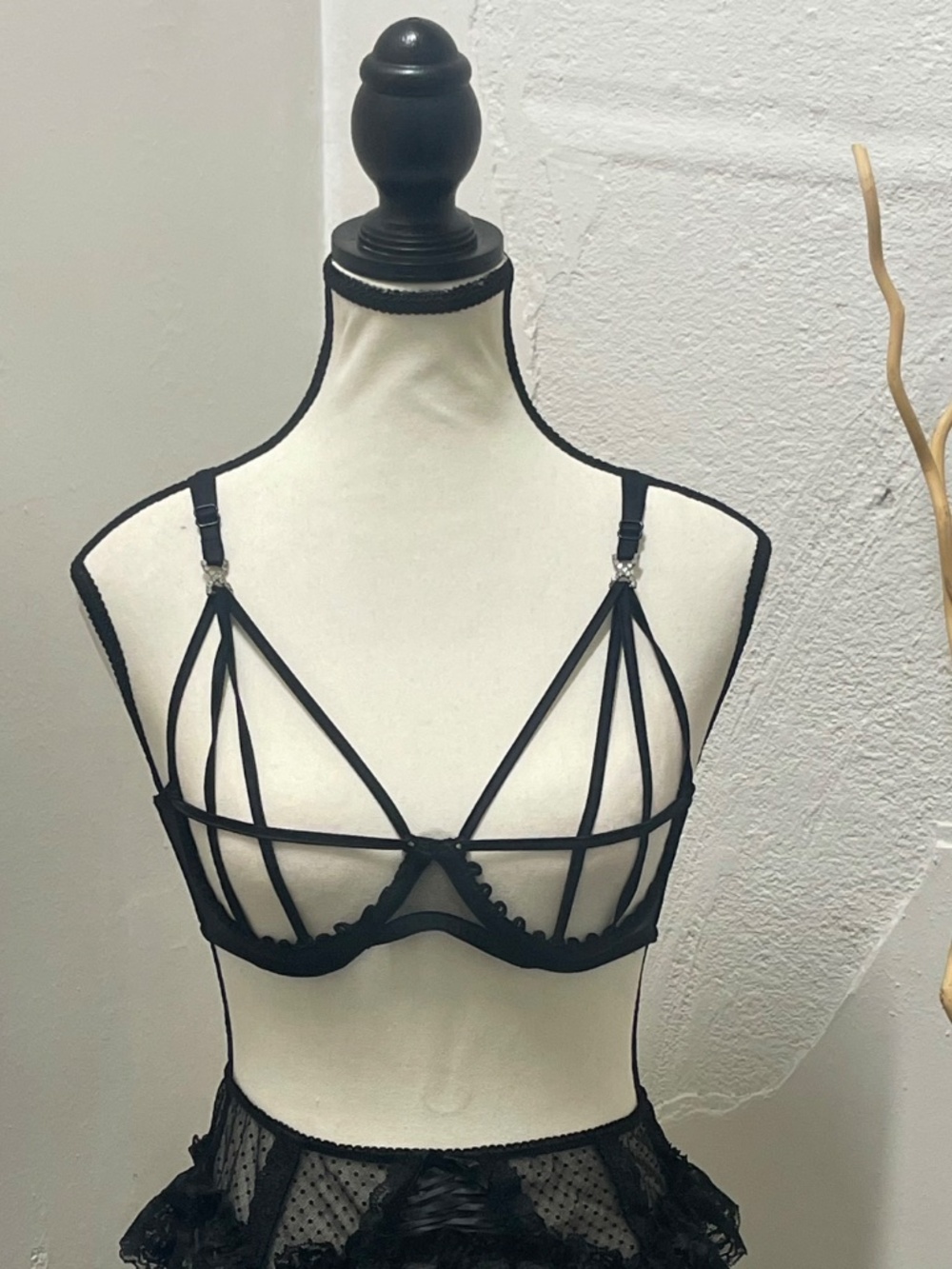 Strappy Black Cage Plunge Bra with Rhinestone Details – 32C
